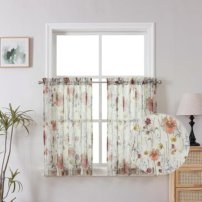 Crushed Sheer Curtains Kitchen Tiers 36 Inch Length 2 Panels, Printed Design by OWENIE