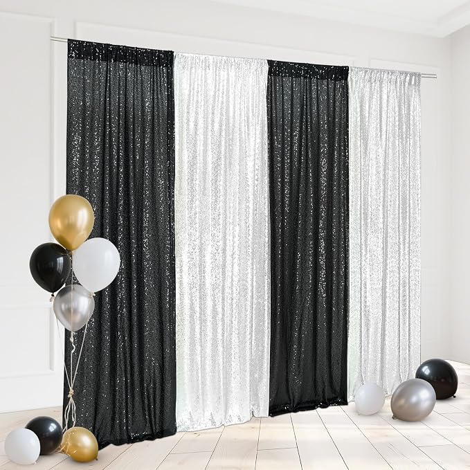 Eternal Beauty Black & Silver Sequin Backdrop Curtains, 4 Panels 2x8FT | 3mm - Image 2