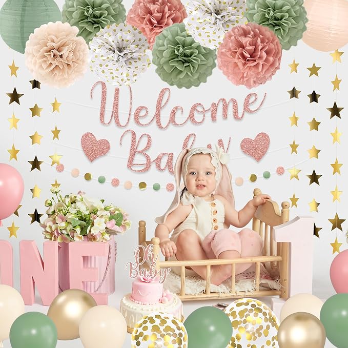 Amandir Sage Green and Pink Baby Shower Decorations Welcome Baby Banner | Pink - Image 6