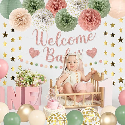 Amandir Sage Green and Pink Baby Shower Decorations Welcome Baby Banner | Pink - Image 6