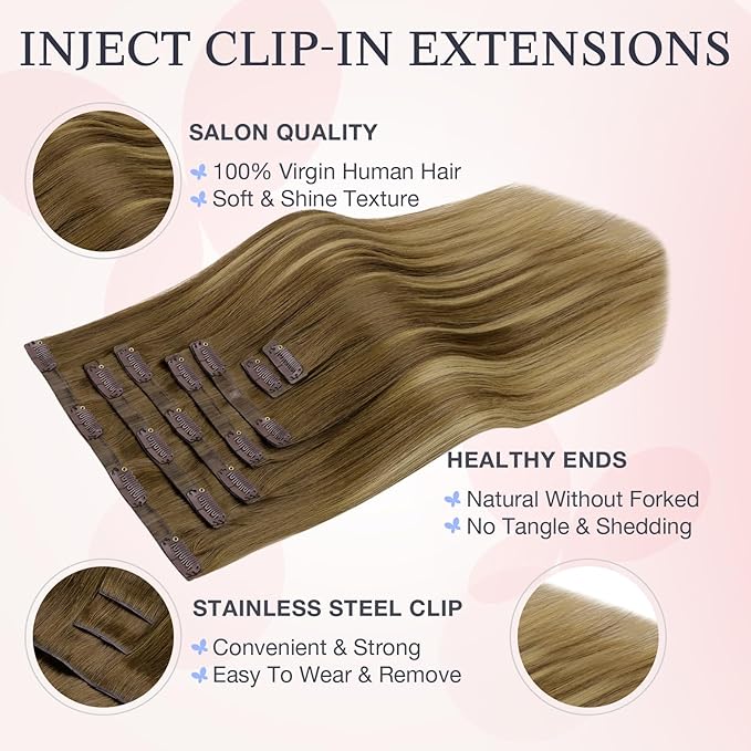 DOORES Invisible Clip in Hair Extensions 16 inch 110g 7pcs, Real Human Hair Invisi Edge Clip in Extensions, Virgin PU Clipins Straight Thickening, 6BT18D Medium Brown Highlighted Dirty Blonde