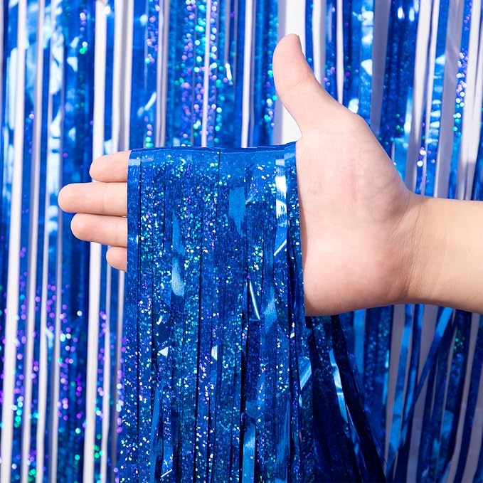 Voircoloria Laser Blue Foil Fringe Backdrop Curtains, 3 Pack | Tinsel Streamers - Image 2