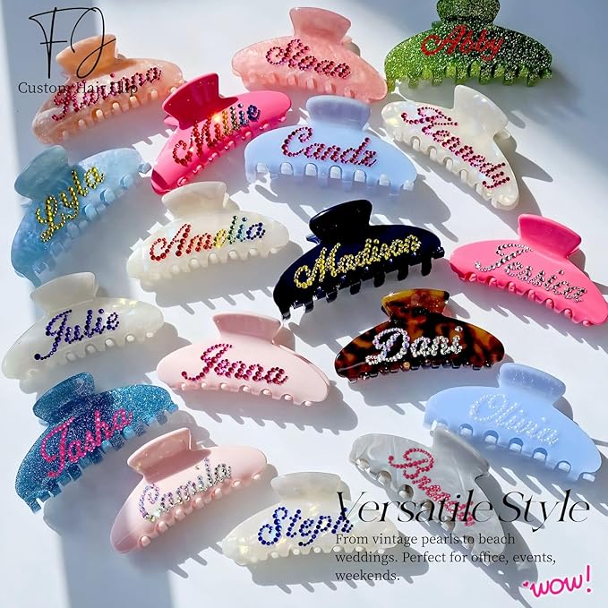 Personalized Colorful Name Hair Claw Clips for Women,Custom Hair Clips with Diamond,Cute Hair Accessories 4",Handmade Rhinestones Hair Clamp Gifts for Mom,Bride,Wife,Bridesmaid,Couples（Green）