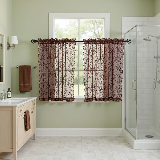 FINECITY Chestnut Brown Sheer Curtains Leaf Floral W42 x L36 Inch, 2 Panels | - Image 5