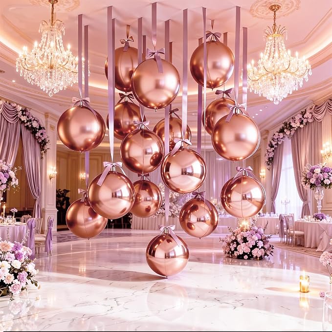 14 Pcs Rose Gold Round Foil Balloons 22/15/10 4D Ball Balloons Rose Metallic - Image 4
