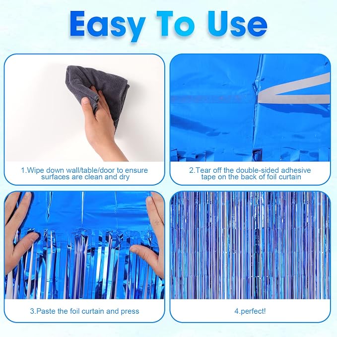 Voircoloria Blue Foil Fringe Backdrop Curtains, 2 Pack | Tinsel Streamers - Image 4