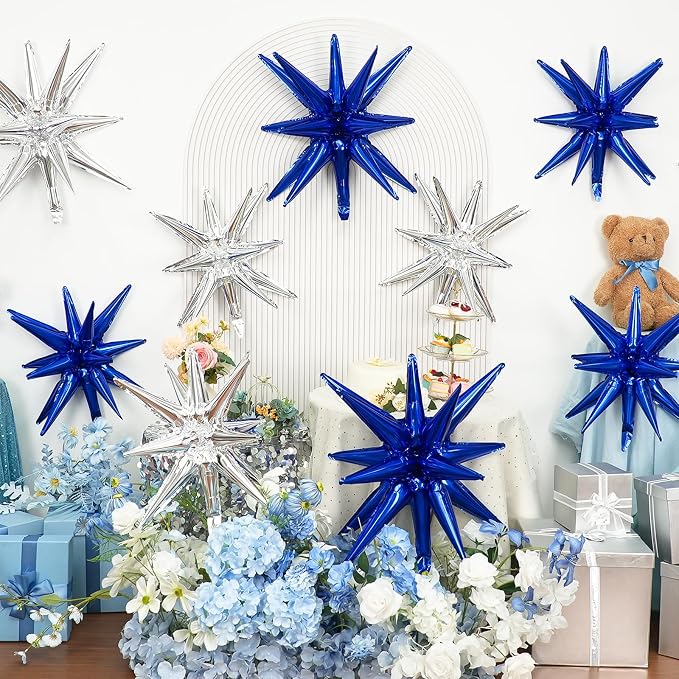 9Pcs Blue Silver Star Balloons, Large Navy Blue and Silver Explosion Foil - Image 5