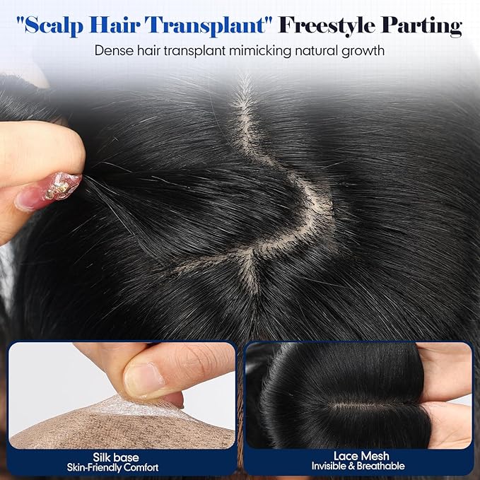 HAIRCUBE Hair Toppers For Women With Thinning 5"*5" Large Base Real Hair Toppers For Women, 14 Inch For Hand-Woven, 60g, Silk, Natural, Realistic, Use Daily, Hairloss, Natural Black, No bangs