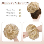FESHFEN Messy Bun Hair Piece - Large Elastic Wavy Curly Hair Bun Scrunchies Ponytail Extensions Synthetic Chignon Hairpieces for Women, Champagne Blonde & White Blonde 1.94oz