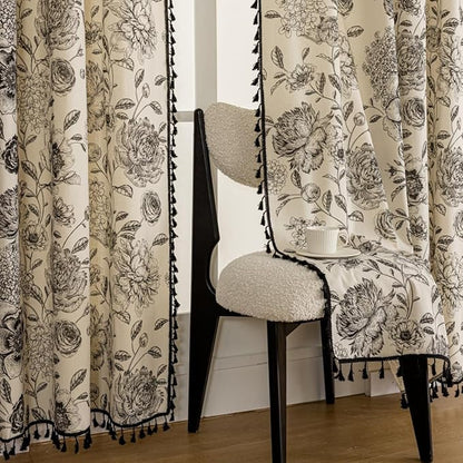 F-CHU Black Floral Farmhouse Curtains Living Room Drapes 84 Inch Length Cotton - Image 7