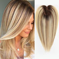 HAIRCUBE Hair Toppers for Women 100% Real Human Hair, Ombre Blonde with Brown Highlight, 6"*5.5"MONO Large Base,65g Hand-moven Real Human HairToppers for Women with ThinningHair