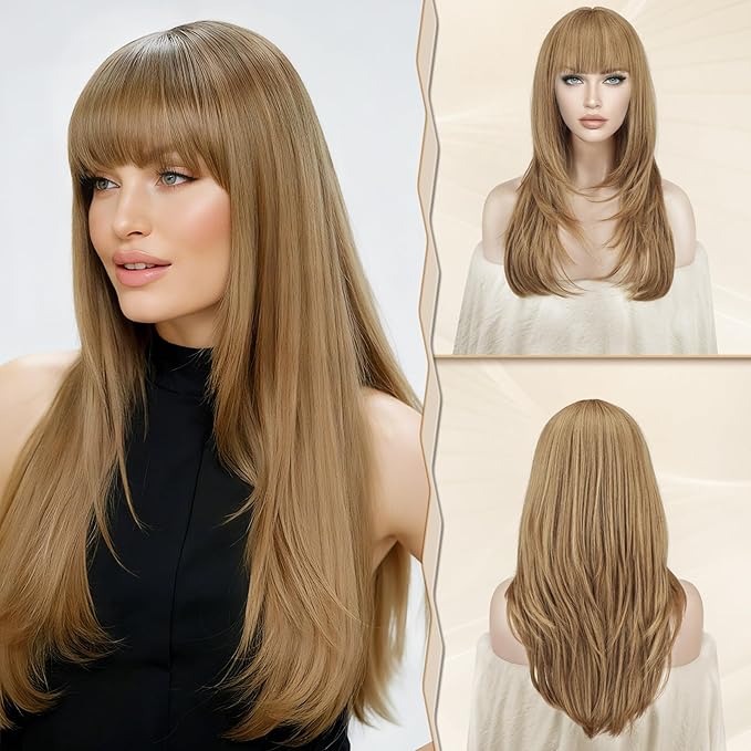 SOFEIYAN Long Straight Layered Wig with Bangs 24 Inch Synthetic Natural Hair Wig Soft Heat Resistant Long Wigs for Women Daily Party Use