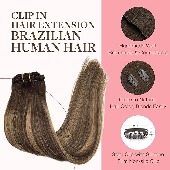 GOO GOO Clip in Hair Extensions Real Human Hair, Remy Human Hair Extensions Clip ins for Women, Natural Human Hair, 20inch 200g 7Pcs, #4/27/4 Balayage Chocolate Brown to Caramel Blonde