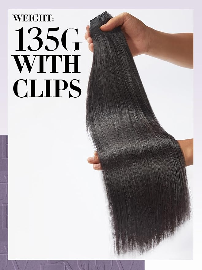 LUVME Yaki Straight Clip in Hair Extensions Real Human Hair For Women 100% Unprocessed Brazilian Virgin Hair clip ins Natural Black Hair Extensions 135g 9pcs 14 Inch