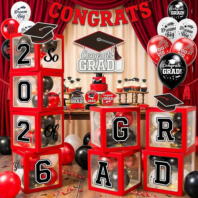 Graduation Decorations 2026 Red and Black Balloon Boxes by makegraduationunforgettable