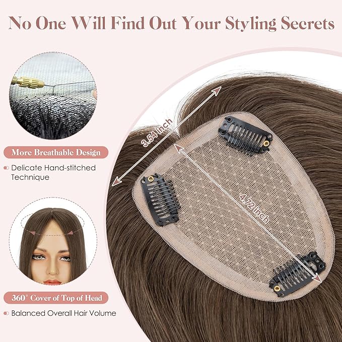 Hairro Human Hair Toppers Free Parted, 3.5x4.7 Base Hand-wovened 100% Real Hairpieces, with Invisible Clips-in for Women, for High Hairline/Adding Volume on Top, 10 Inch Cocoa Brown
