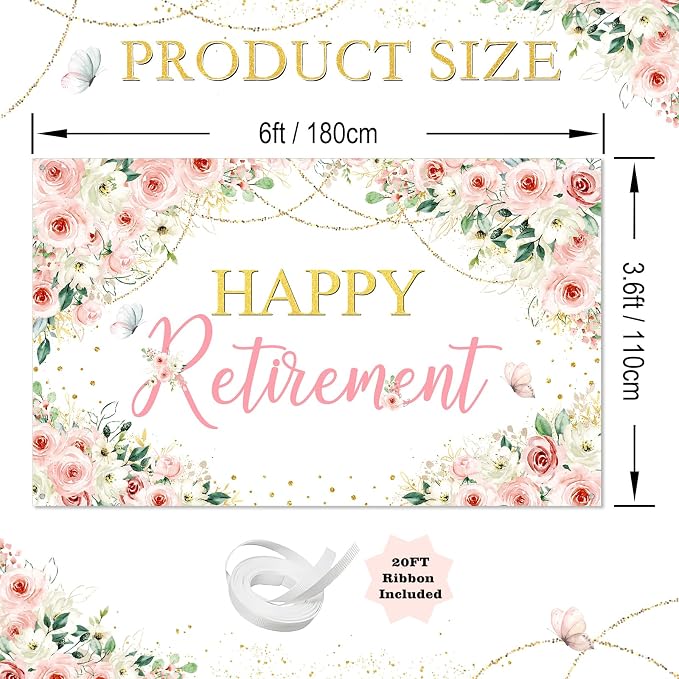Mocsicka Happy Retirement Backdrop Pink Floral Retirement Banner - Image 4