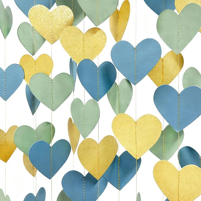 Sage Green Dusty Blue Gold Heart Party Decorations Gold Glitter Paper Dusty by pinkblume