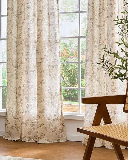 Extra Long Taupe Vintage Floral Linen Curtains Farmhouse 2 Panels | Elisa Series - Image 8