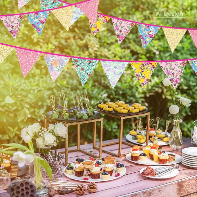 G2PLUS 39Ft Triangle Bunting Banner, Floral Cotton Pennant Banner, Tea Party - Image 6