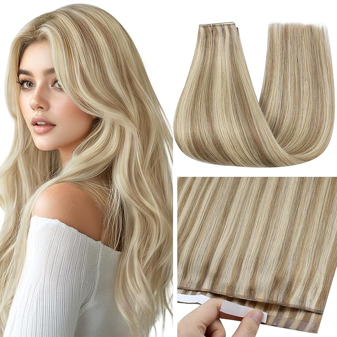 Full Shine Tape in Hair Extensions Human Hair Color 16 Highlight 22 Blonde Long Weft Pu Genius Weft Tape in Extensions Real Human Hair 50G One Piece Remy Skin Weft 20Inch Cuticles Aligned for Women