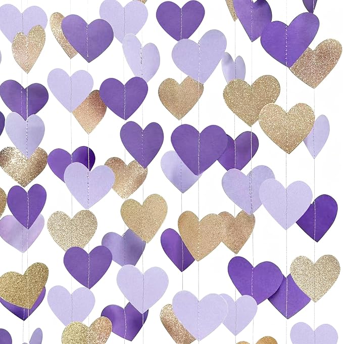 Champagne Gold Purple Heart Party Decorations Glitter Paper Love Heart Hanging - Image 4
