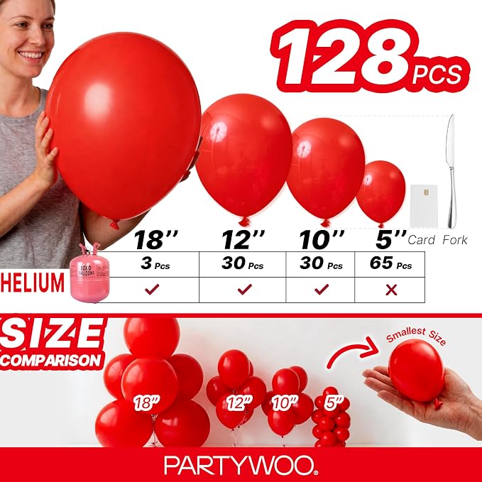 PartyWoo Red Balloons 128 pcs Different Sizes of 18 12 10 5 Inch Red Balloon - Image 6