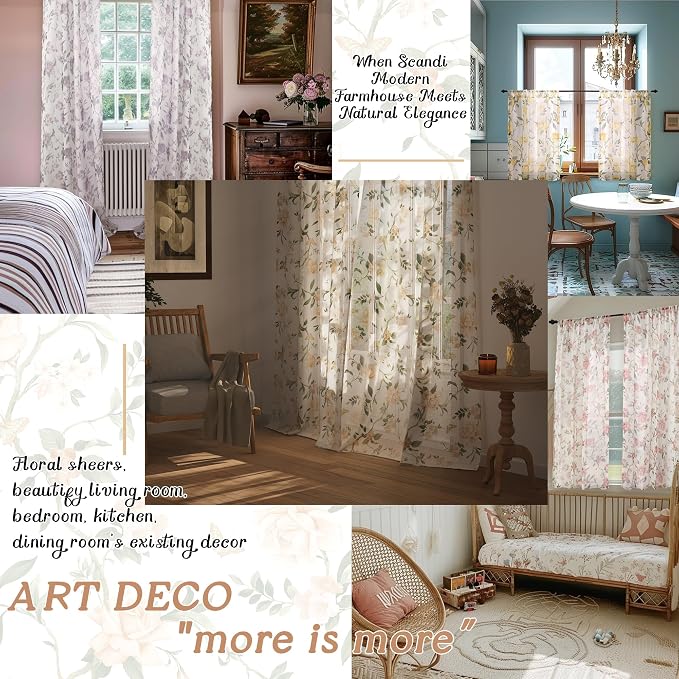 Sheer Curtains 54 Inch Length 2 Panels Set, Floral Patterned Linen Look - Image 5