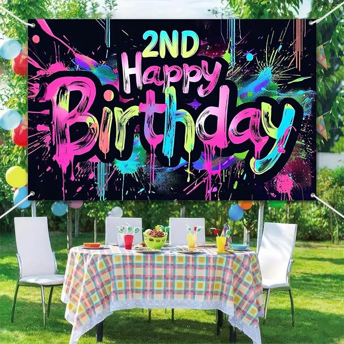 HOMETITUTE Neon 2nd Happy Birthday Party Banner 71x43 Inch Paint Splatter - Image 6