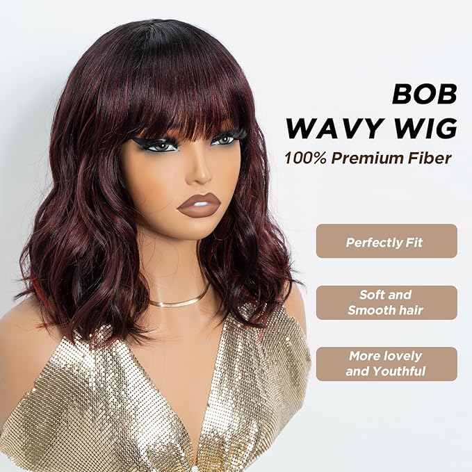 NOBLE Red Wig with Bangs for Women Short Colorful Wavy Bob Wig with Bangs Shoulder Length Ombre Wine Red Curly Wigs with Bangs Heat Resistant Synthetic Burgundy Colored Wigs for White Women