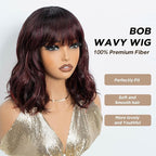 NOBLE Red Wig with Bangs for Women Short Colorful Wavy Bob Wig with Bangs Shoulder Length Ombre Wine Red Curly Wigs with Bangs Heat Resistant Synthetic Burgundy Colored Wigs for White Women