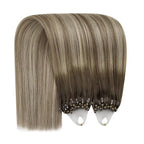 YoungSee Microbead Hair Extensions Brown Balayage Micro Bead Hair Extensions Real Human Hair Ombre Dark Brown to Brown with Blonde Micro Extension 24 Inch Bead Hair Extension for Long Hair 50s/50g