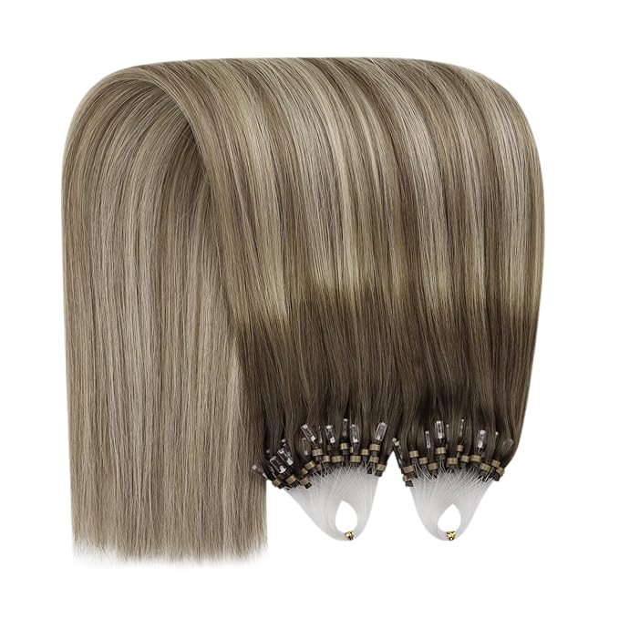 YoungSee Microbead Hair Extensions Brown Balayage Micro Bead Hair Extensions Real Human Hair Ombre Dark Brown to Brown with Blonde Micro Extension 24 Inch Bead Hair Extension for Long Hair 50s/50g