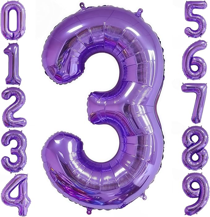 Purple 3 Balloon Number, 40 Inch Number 3 Balloon Big Purple 3 Foil Mylar by BBPOOL