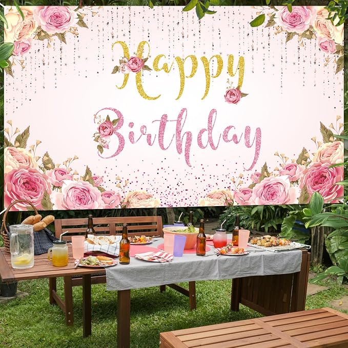 Happy Birthday Banner Pink Birthday Party Backdrop - Image 5