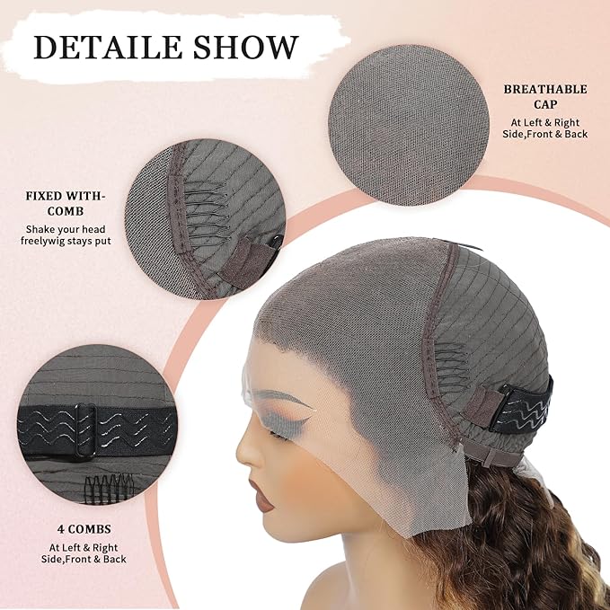 Honey Blonde Human Hair Wigs 13x6 HD Highlight Ombre Deep Wave Lace Front Wigs Human Hair 180 Density Glueless Deep Wave 4/27 Colored Wet and Wavy Curly Wig Pre Plucked for Women 22 Inch