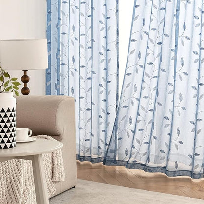 MIULEE Dusty Blue Sheer Curtains 2 Panels Leaf Patterned, W52 x L96 | - Image 3