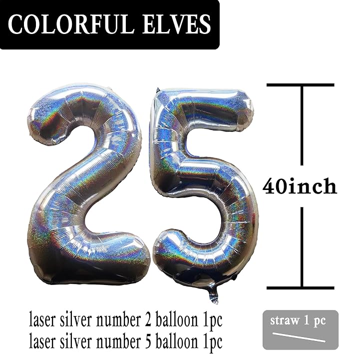 Laser Silver Number 25 Balloons 40 Inch Giant Number Silver 25 Foil Mylar - Image 2