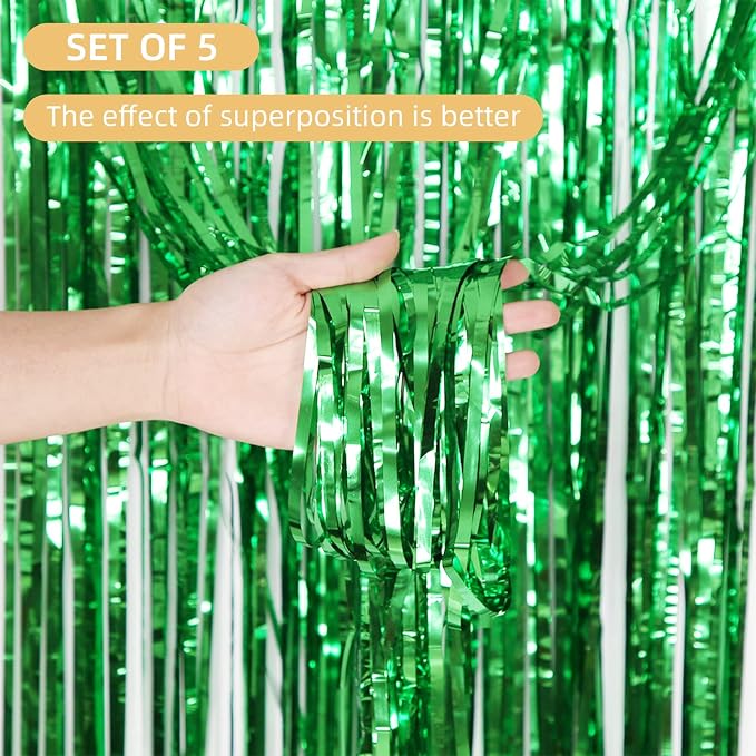 5 Pack Green Foil Curtain Backdrop 3.2ft x 9.8ft Metallic Tinsel Foil Fringe - Image 2
