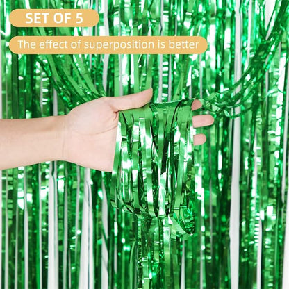 5 Pack Green Foil Curtain Backdrop 3.2ft x 9.8ft Metallic Tinsel Foil Fringe - Image 2