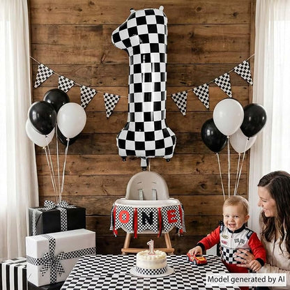 40 Inch Checkered Number 1 Balloon, Large Foil Black and White Number Balloons - Image 2