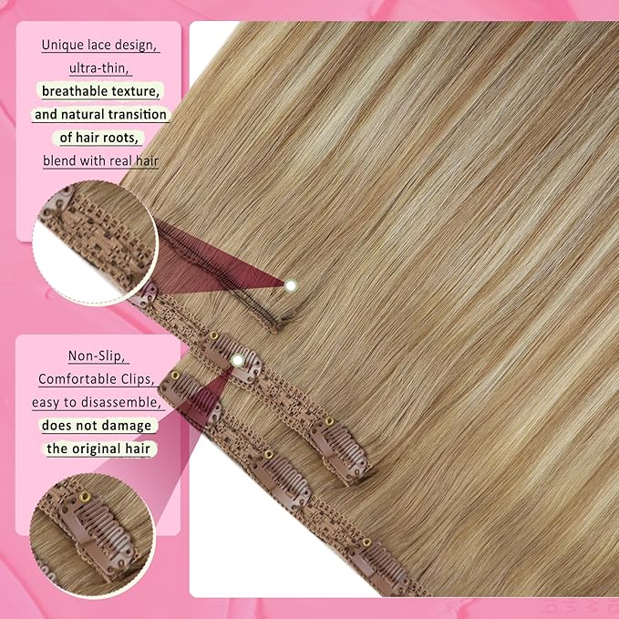 YoungSee 135g Clip in Human Hair Extensions Blonde Balayage Human Hair Clip in Extensions Golden Brown Mix Blonde Balayage Clips on Hair Extensions for Woman 16inch