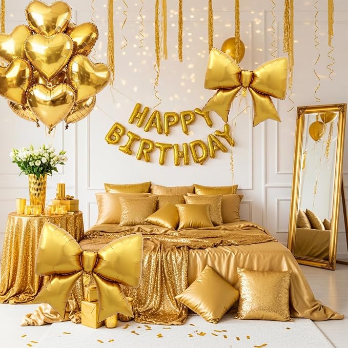Vuzvuv Gold Heart Balloons Gold Bow Balloons Set, anniversary, Valentine's Day - Image 4