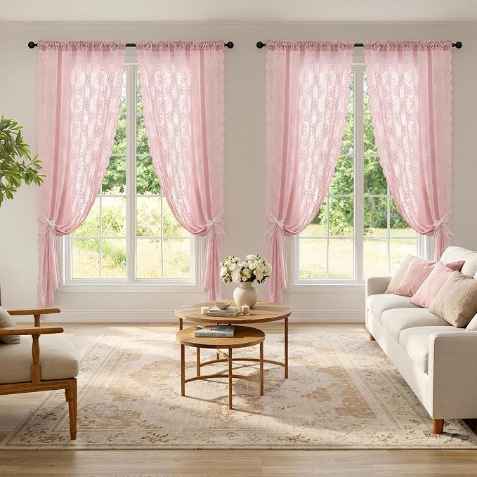 MIULEE Vintage Floral Scalloped Lace Curtains, Light Pink 52" W x 36" L | 2 - Image 2