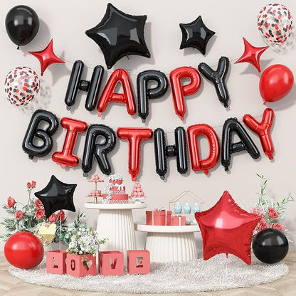 Happy Birthday Balloon Banner Red and Black, 16 Inch Mylar Foil Letter Balloons by Togvu