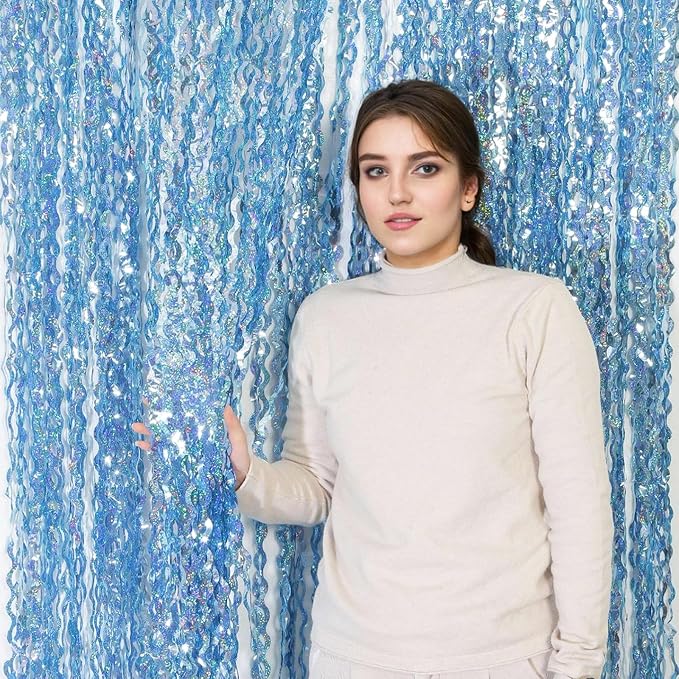 4 Pack Wavy Blue Tinsel Backdrop Streamers Party Decorations 3.3x6.6 Feet | - Image 3