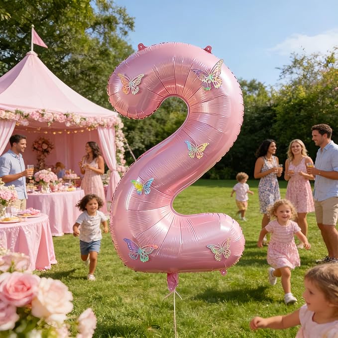 40 Inch Number Balloon Pink Large Mylar Foil Pink Number Balloons and Butterfly - Image 5