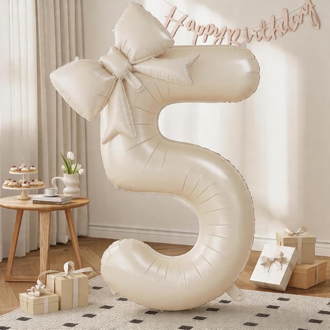 40 Inch Beige Number 5 with Bow Balloons, Giant Self Inflating Cream Foil by KYGNE