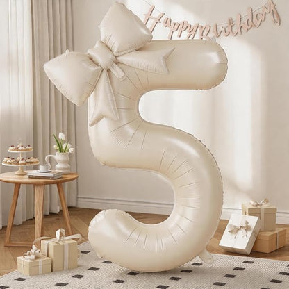 40 Inch Beige Number 5 with Bow Balloons, Giant Self Inflating Cream Foil by KYGNE
