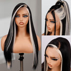 BLL Lace Front Wig, Skunk Stripe 13X4 Lace Wig Pre Plucked Glueless Synthetic Heat Resistant Long Straight Black and Blonde Wigs 26inch Suitable For Everyday Wear